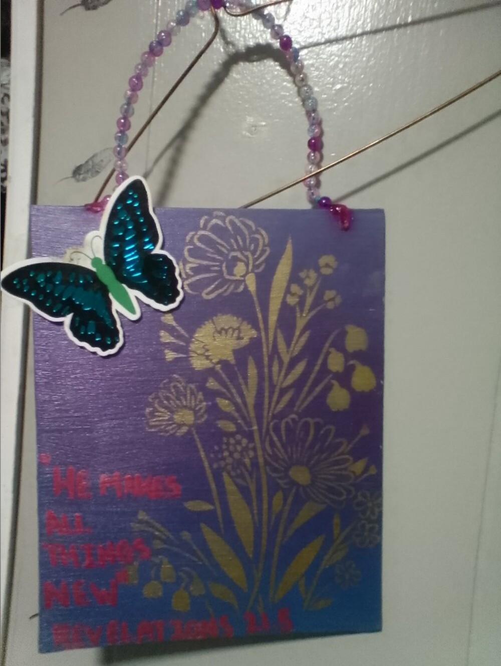Purple & Teal Floral Wall Hanging with Butterfly Accent